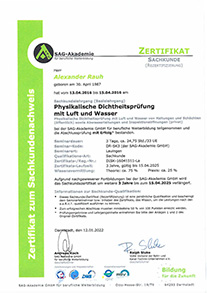 Sachkunde Zertifizierung für physikalische Dichtheitsprüfung mit Luft und Wasser